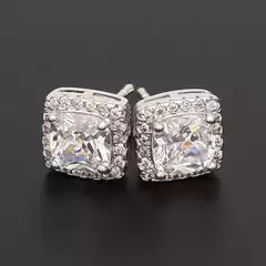Street Versatile Hip Hop Couple Four Claw Black Zircon Earrings Round Square Transparent Gemstone Earrings