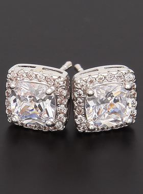街头百搭嘻哈情侣四爪黑色锆石耳钉圆形方形透明宝石耳饰Earrings