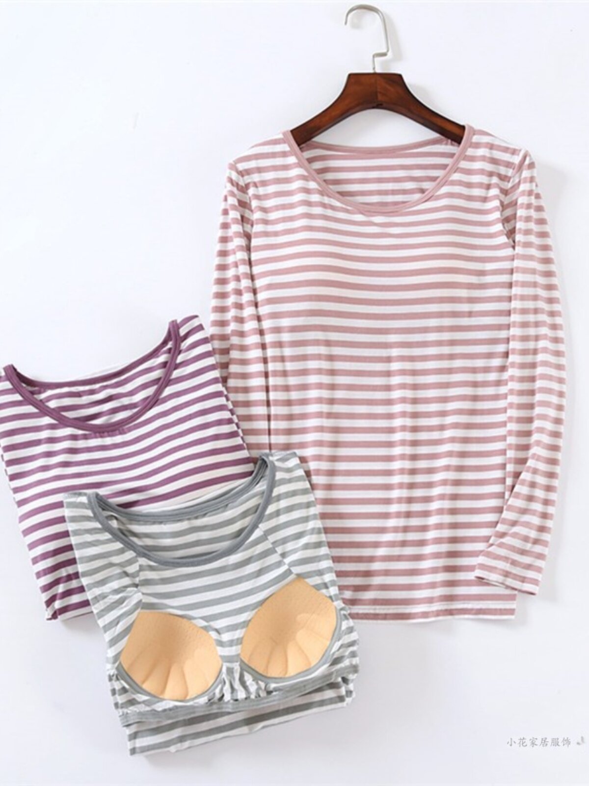 PAJAMAS WOMENS LONG SLEEVES CHEST PADS SUMMER THIN UNDERSHIRTS AIR-CONDITIONED SHIRTS CASUAL LOOSE STRIPED TOPS SPRING AND AUTUMN