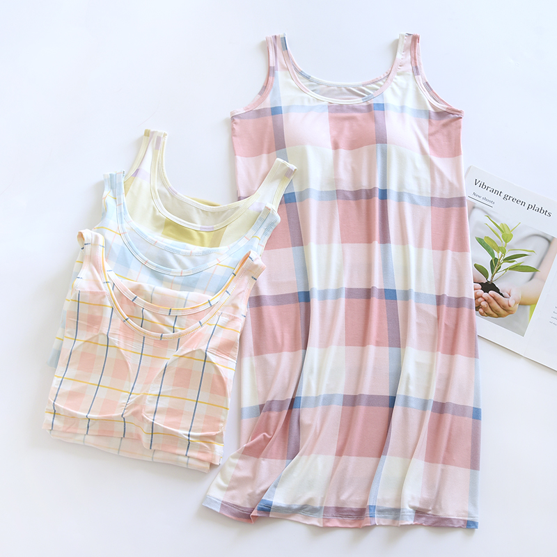 睡衣裙吊带格子家居服性感夏日