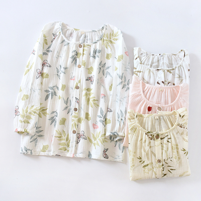 新款纯棉双层纱布睡衣女士单件上衣春秋季长袖薄款夏天全棉家居服