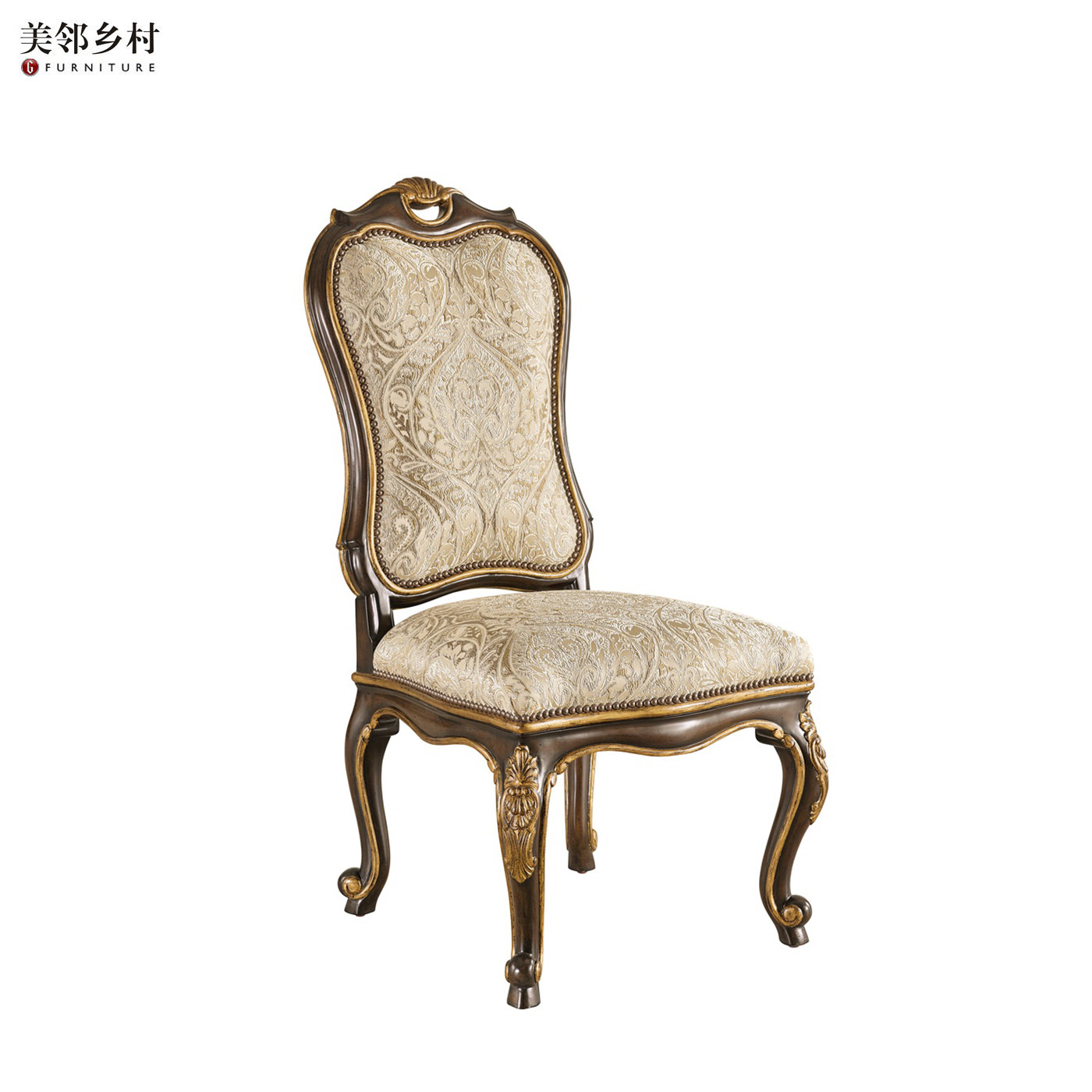 美邻乡村欧式复古实木餐椅软包靠背雕花装饰椅子高档别墅金箔定制