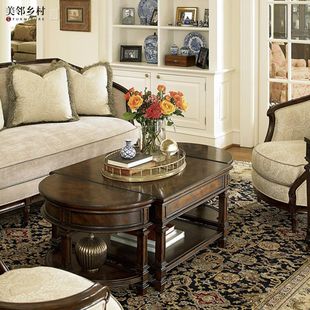 复古FINE精致美式 饰复古 实木茶几北桃花心木椭圆形客厅家具储物装
