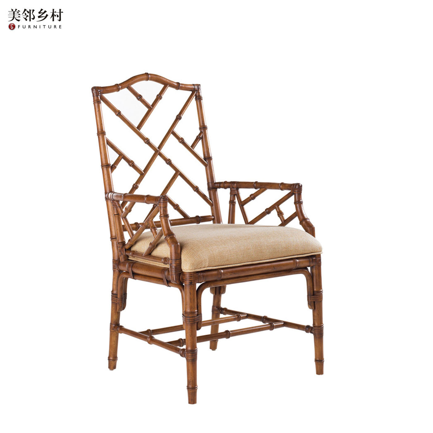 美式南阳复古东南亚实木餐椅竹节藤条休闲扶手椅写字椅网状书椅