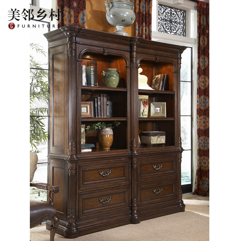 FINE精致美式怀旧全实木雕花书柜别墅大户型复古书房书橱陈列柜