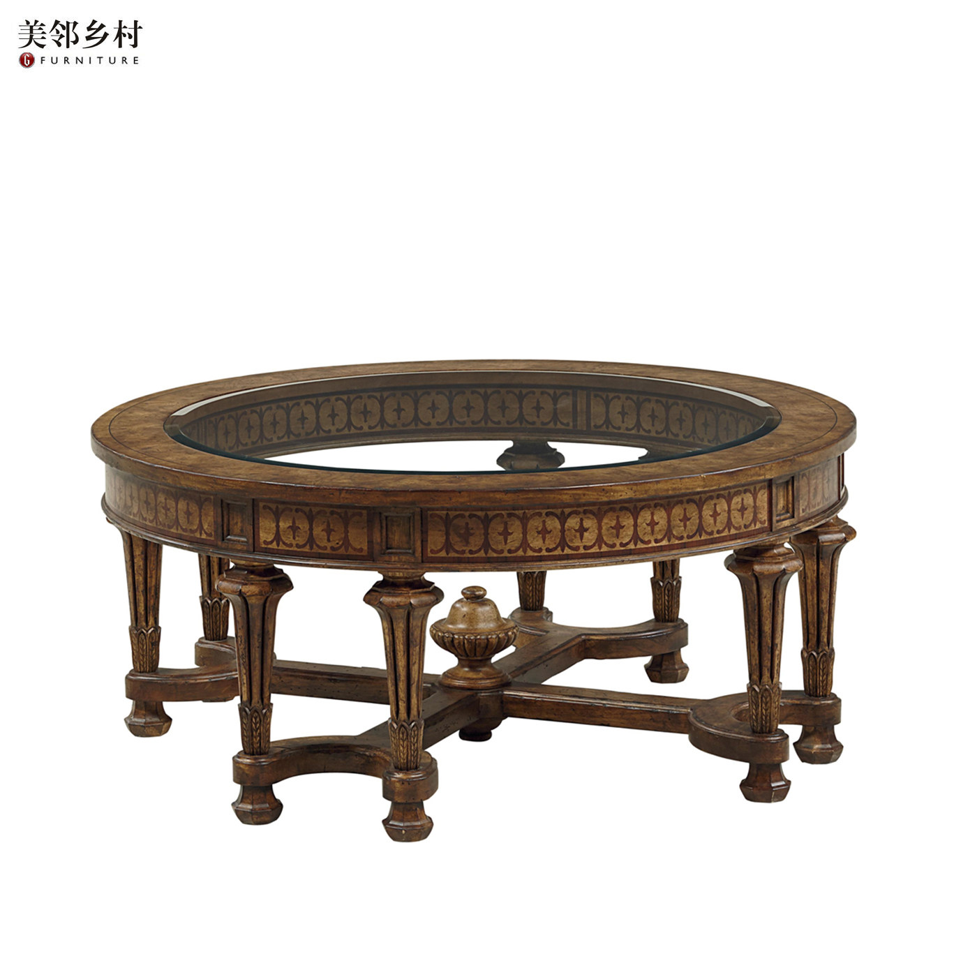美式古典全桃花心实木钢化玻璃茶几手绘艺术圆形咖啡桌复古茶水桌