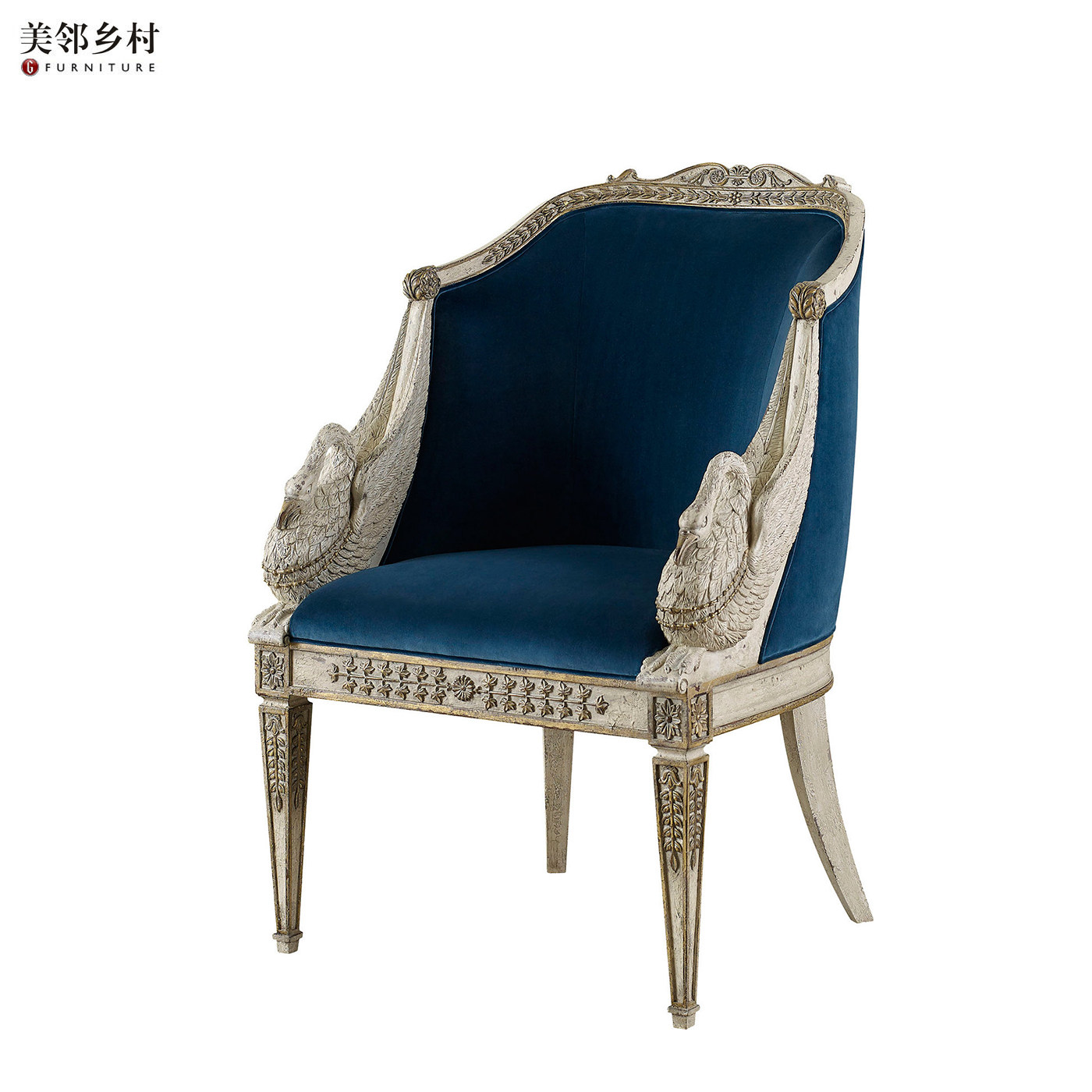 古典美式欧式古典雕花沙发椅单人天鹅造型蓝色绒布轻奢白天鹅休闲