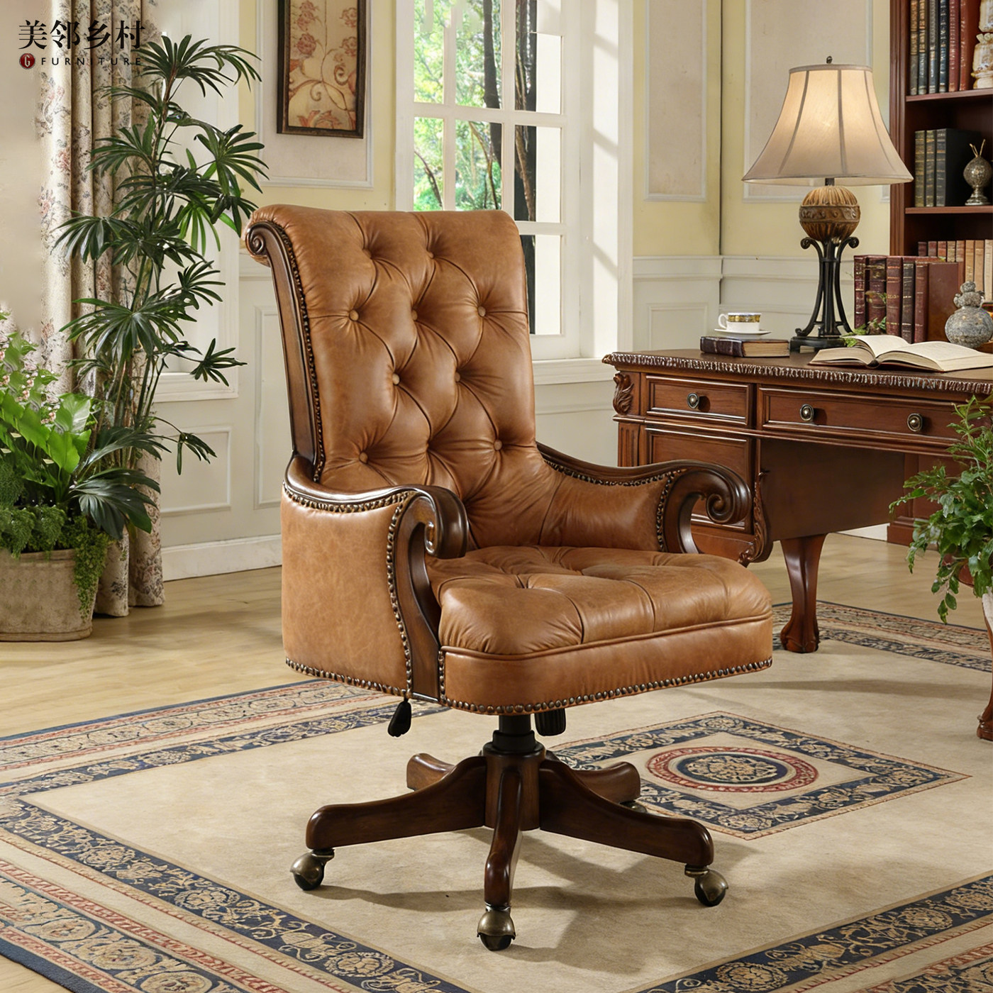 美式欧式全实木复古真皮头层牛皮书椅旋转升降电脑椅办公椅写字椅