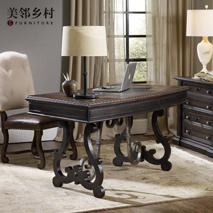 美式纯正复古全实木金属书桌胡克高端定制真皮写字桌办公桌老板桌