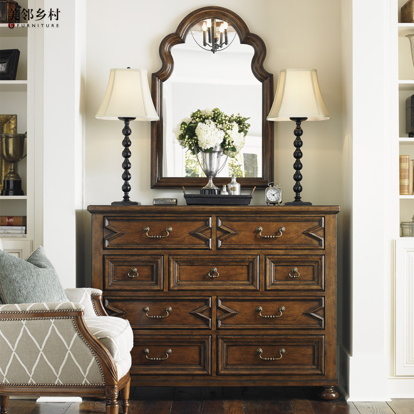 美式经典仿古做旧入门装饰玄关柜玄关镜4斗墙边柜柜储物高端定制