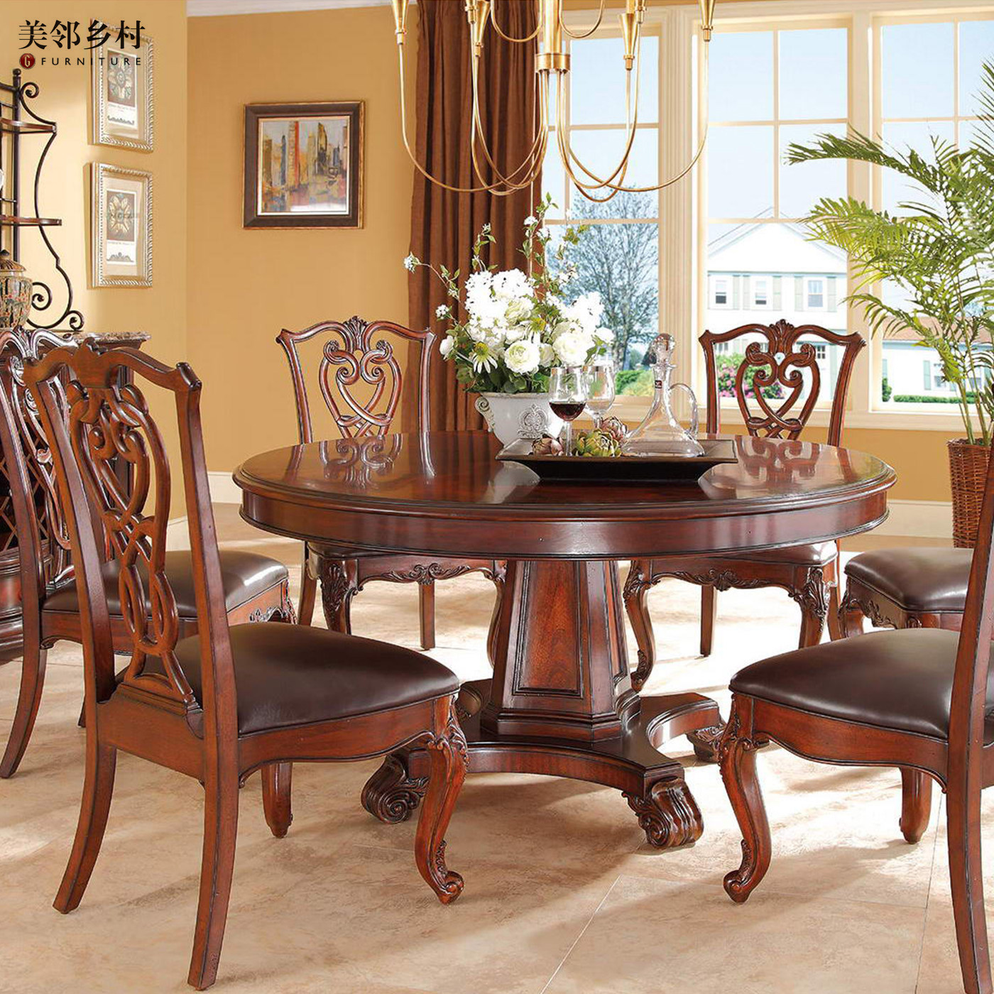 美式实木圆桌雕花餐桌椅套装招财圆桌真皮餐桌椅组合酒红色定制