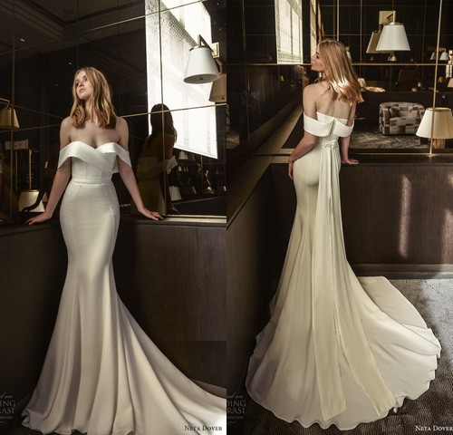 新款缎面婚纱抹胸修身鱼尾婚纱蝴蝶结婚纱新娘户外草坪主婚纱定制