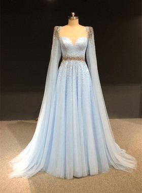 新款天蓝色披肩霸气晚礼服舞台演唱钢琴独奏学生艺考晚礼服定制