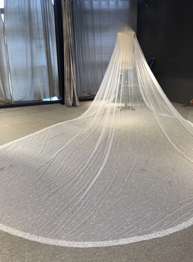 新娘头纱奢华头纱珍珠手工宽边钉珠3米宽5米长气质高档长头纱定制