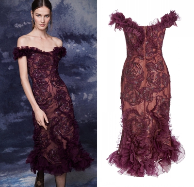 一字肩刺绣钉珠修身生日派对礼服