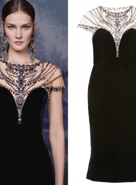 Marchesa高端秋冬黑色丝绒短袖中长款宴会酒会年会礼服新娘敬酒服