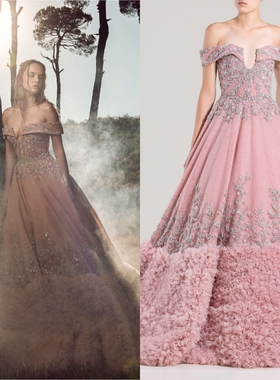 新款高端时尚一字肩豆沙粉奢华年会宴会舞台走秀演出比赛颁奖礼服