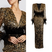 ZuhairMurad气质黑金色手工亮片钉珠修身 显瘦鸵鸟毛高档生日礼服