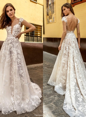 新款进口蕾丝优雅欧美风新娘婚纱时尚浅香槟色深V露背小拖尾定制