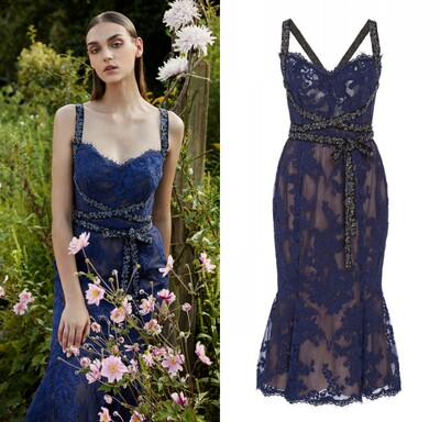 深蓝色吊带鱼尾生日派对红毯抹胸