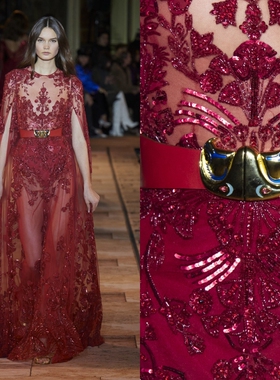 Zuhairmurad新款高端酒红色奢华披肩钉珠年会宴会酒会新娘晚礼服