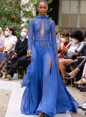 ZuhairMurad新款飘逸雪纺长袖高开叉主持晚宴舞会新娘晚礼服定制