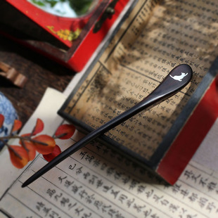 小狸奴 文艺及笄礼物猫儿925纯银镶嵌天然黑檀木发簪子发饰 刻字