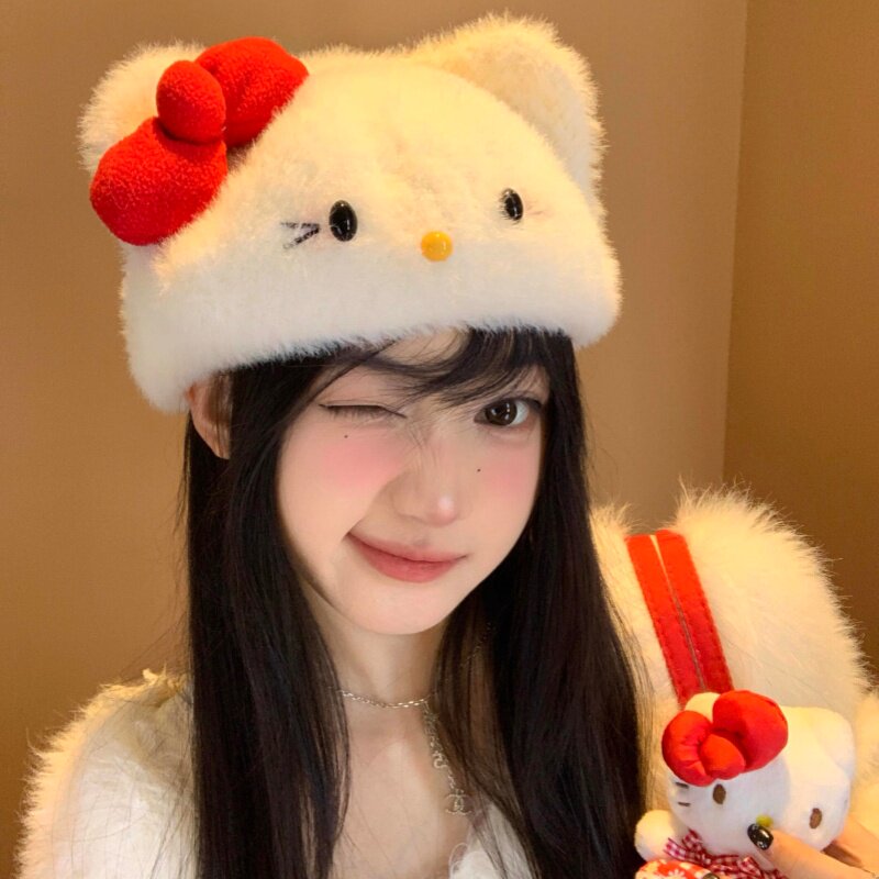 【日系软妹】蝴蝶结毛绒帽子女贝雷帽显脸画家帽可爱甜美秋冬保暖