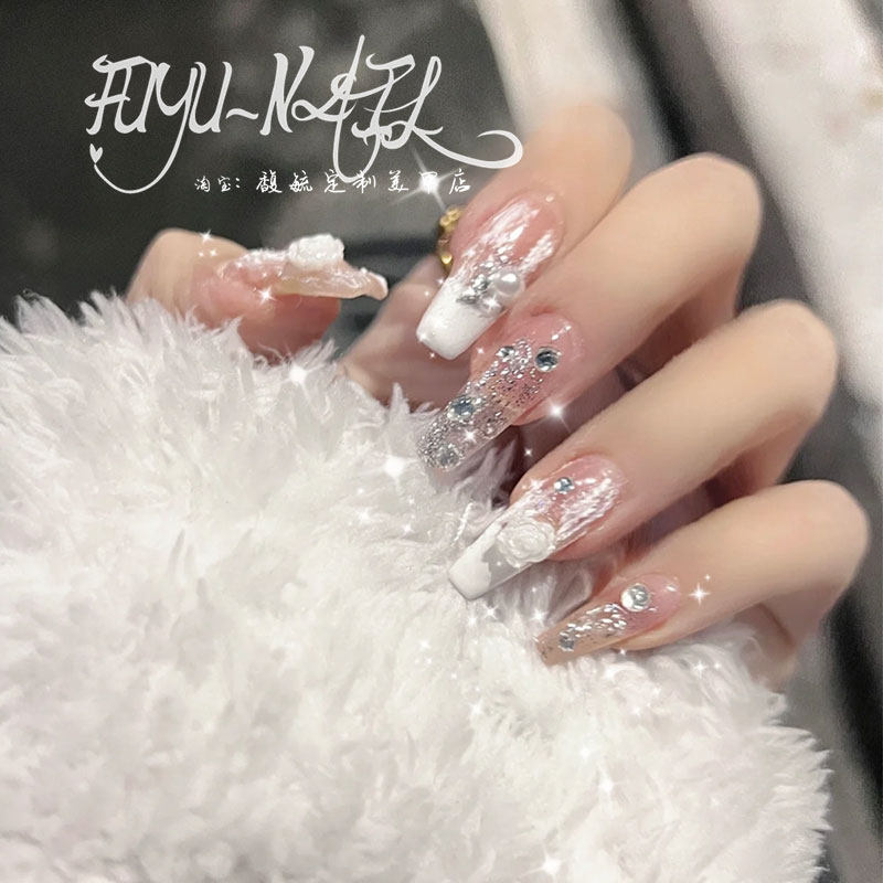 白色山茶花低调奢华美甲成品光疗假指甲贴片手工可拆卸持久穿戴甲