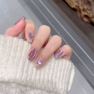 高级布拉提契多色玻璃珠爆闪猫眼假指甲贴美甲成品可拆卸穿戴甲片