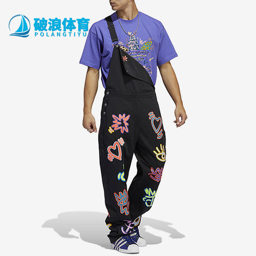 阿迪达斯印花宽松卡通背带裤长裤