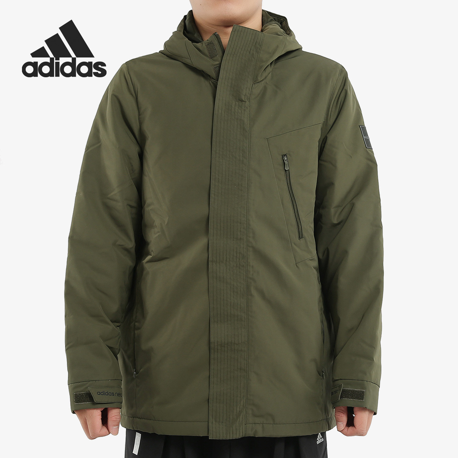 Adidas阿迪达斯正品男保暖户外连帽军绿色拉链运动休闲棉服EI4430