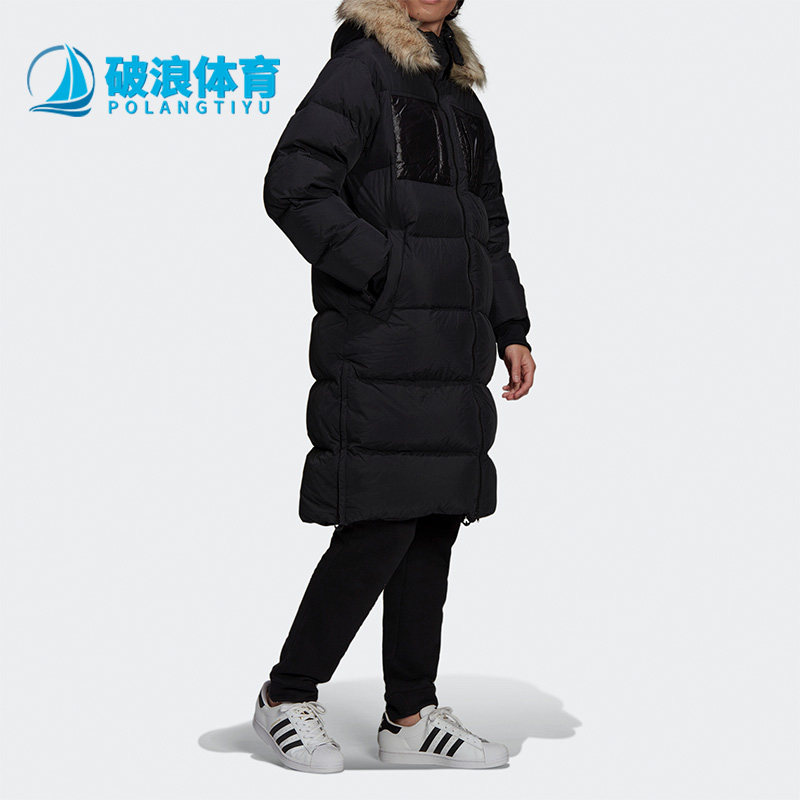 Adidas阿迪达斯正品男连帽保暖中长三叶草防风外套羽绒服H11803