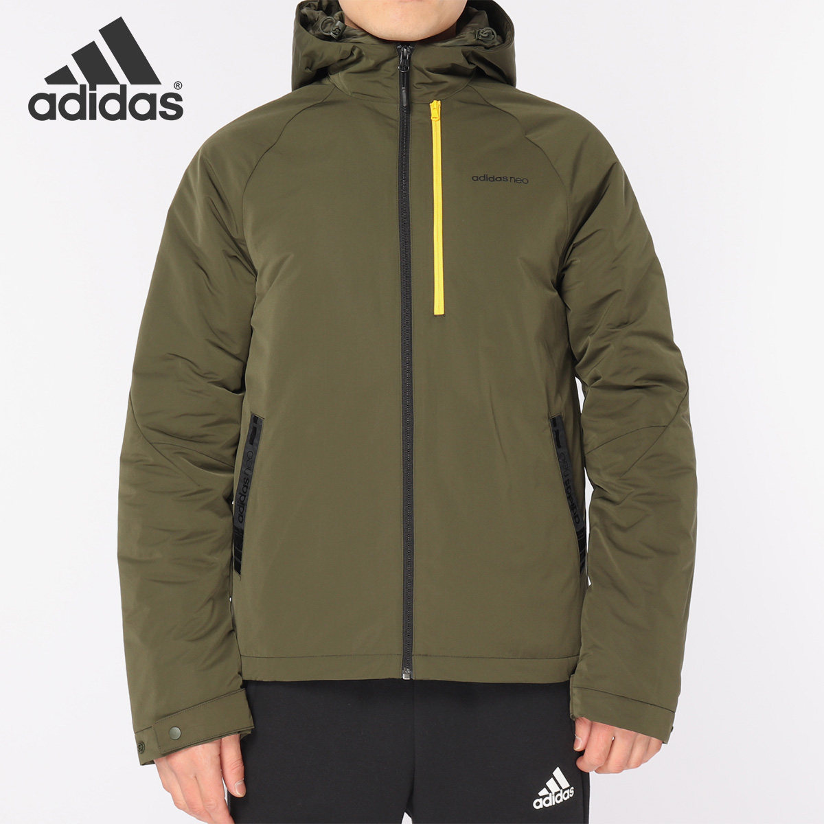 Adidas阿迪达斯正品男保暖户外连帽防风军绿色短款休闲棉服FK9942