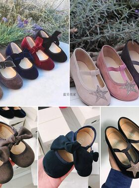 西班牙OKAA进口女童鞋魔术贴公主可爱蝴蝶结幼儿园丝绒布鞋软底s