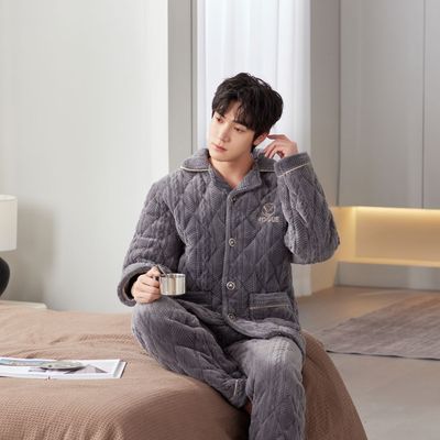 睡衣男士冬天三层加厚超厚夹棉加绒珊瑚绒法兰绒家居服秋冬款冬季