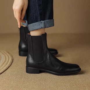 圆头平底舒适加绒保暖切尔西靴短靴01 时尚 真皮女鞋 猫梵惜2025款