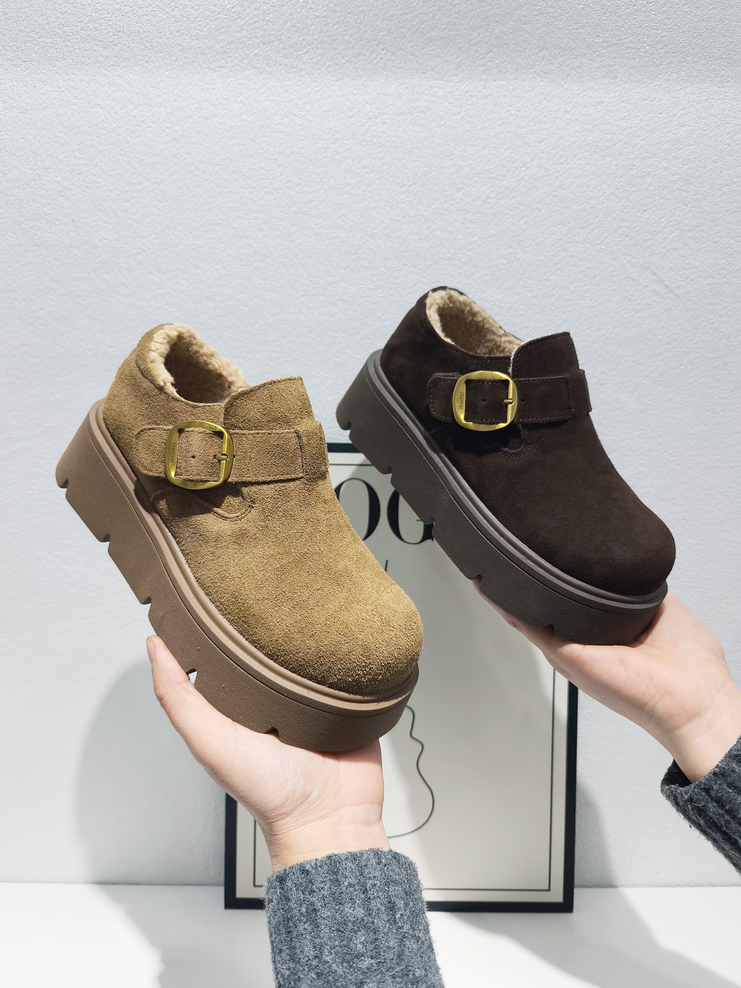 2025款真皮厚底女鞋时尚圆头平底舒适加绒保暖棉鞋勃肯鞋89-38