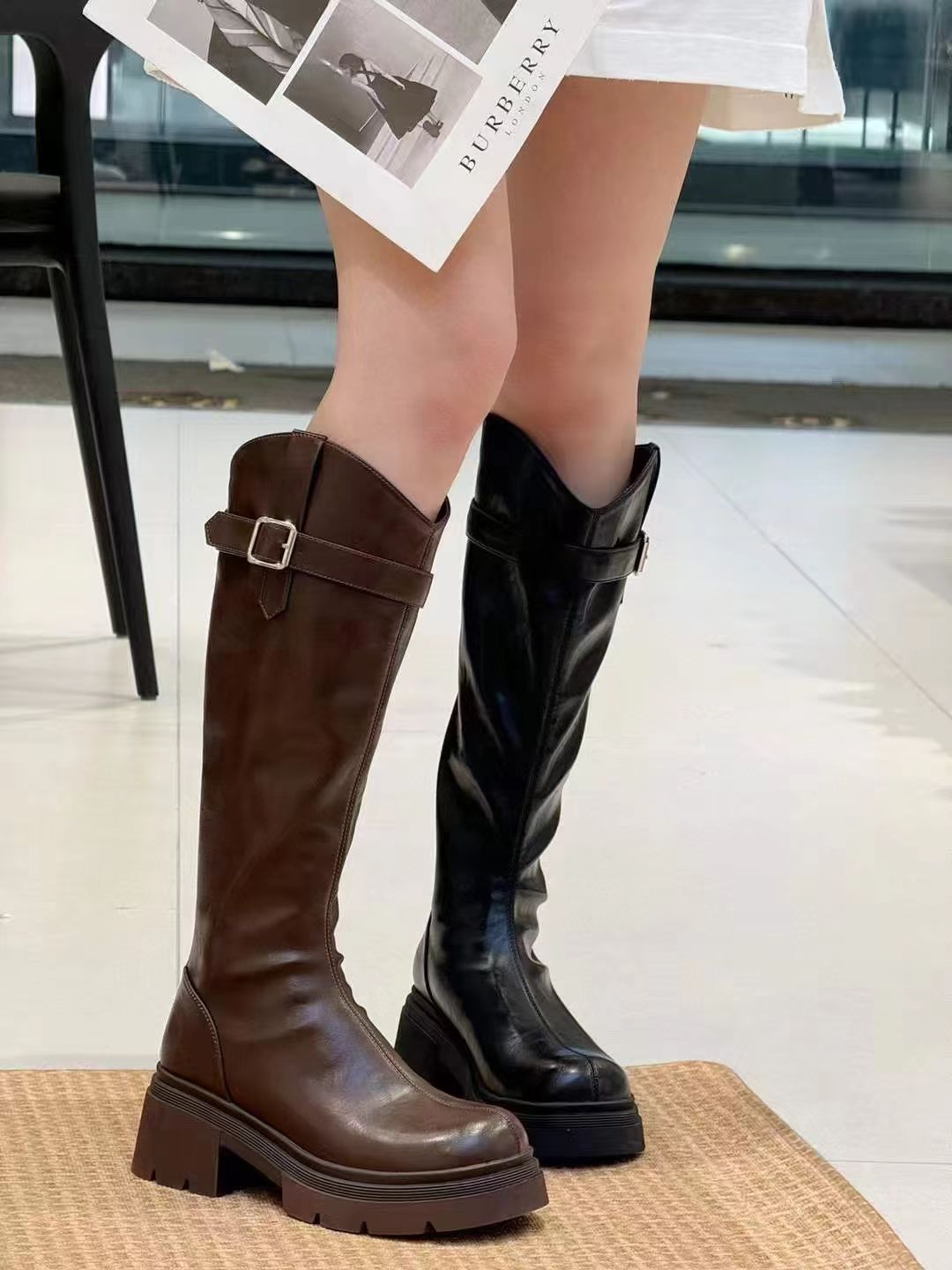 增高厚底骑士靴女2025款百搭英伦风皮带扣装饰不过膝长筒靴25D05