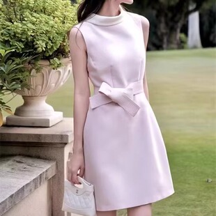 南油高定明星同款赫本风系带无袖气质收腰显瘦圆领连衣裙丝毛礼服