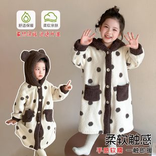 2025新款女童睡袍秋冬款法兰绒女宝宝冬季半边绒小童儿童冬装睡衣