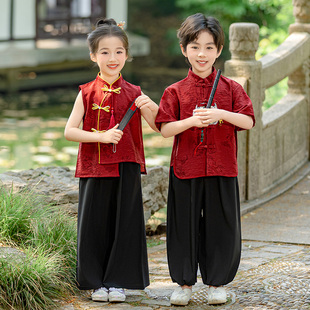儿童幼儿园六一演出服新中式汉服套装夏季中国风男童唐装红色礼服