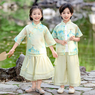 汉服儿童演出服夏季薄款短袖男童古装女童唐装新中式国风国学服装