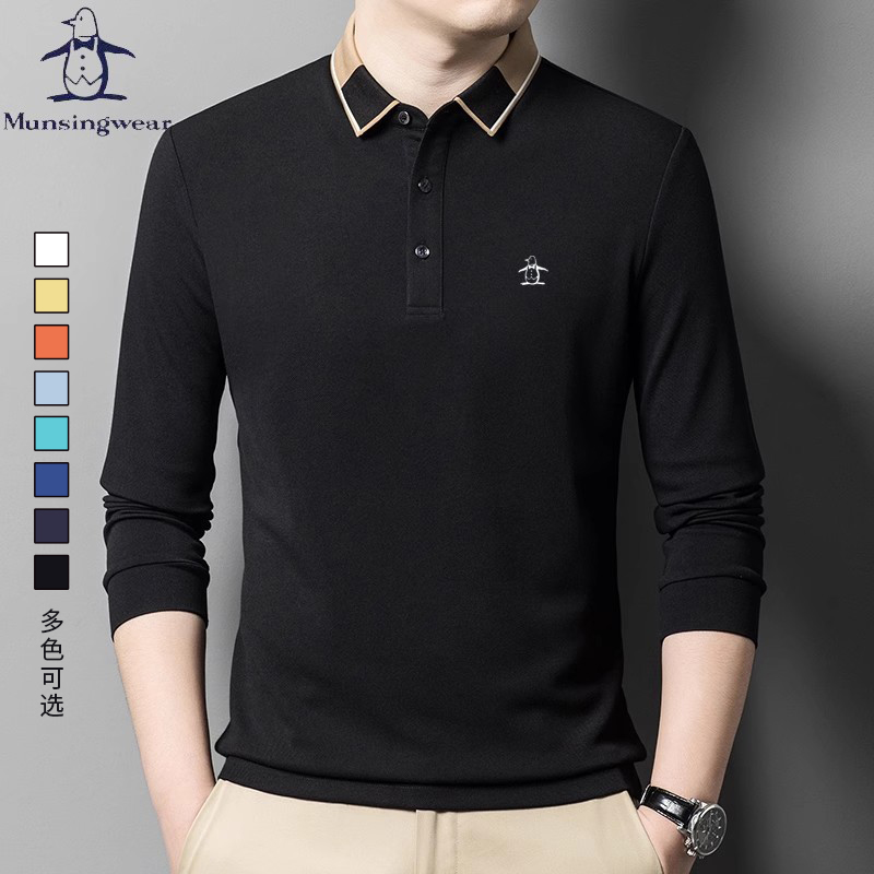 香港代购MUNSINGWEAR万星威高尔夫长袖polo衫男条纹方格领休闲T恤