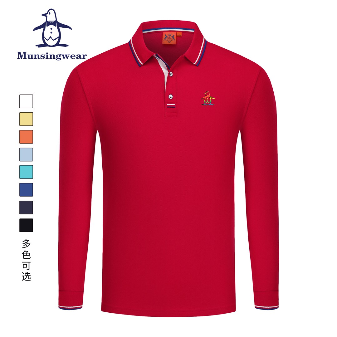 香港代购 MUNSINGWEAR/万星威高尔夫长袖polo衫男条纹方领春秋T恤