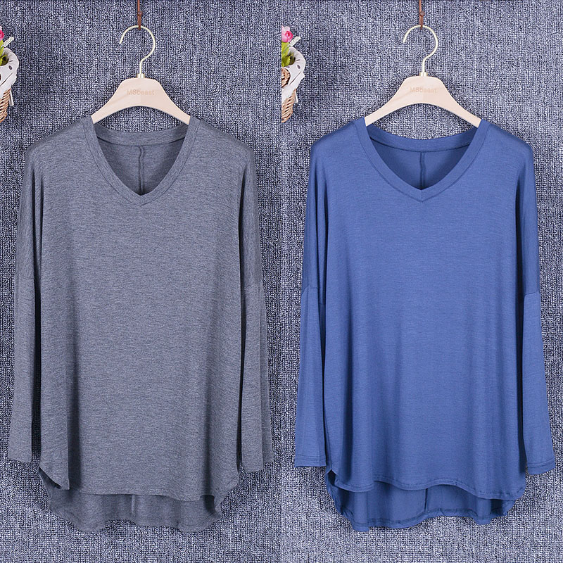 2019春夏新款女士大码打底衫宽松休闲T恤莫代尔V领瑜伽舞蹈上衣潮