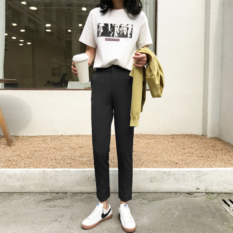 EBENB直筒烟管裤女春秋显瘦高腰休闲哈伦裤宽松大码九分西装裤女