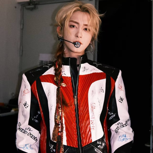 短款立领涂鸦皮夹克外套秋冬logo印花街头赛车服男女生拼接皮衣潮
