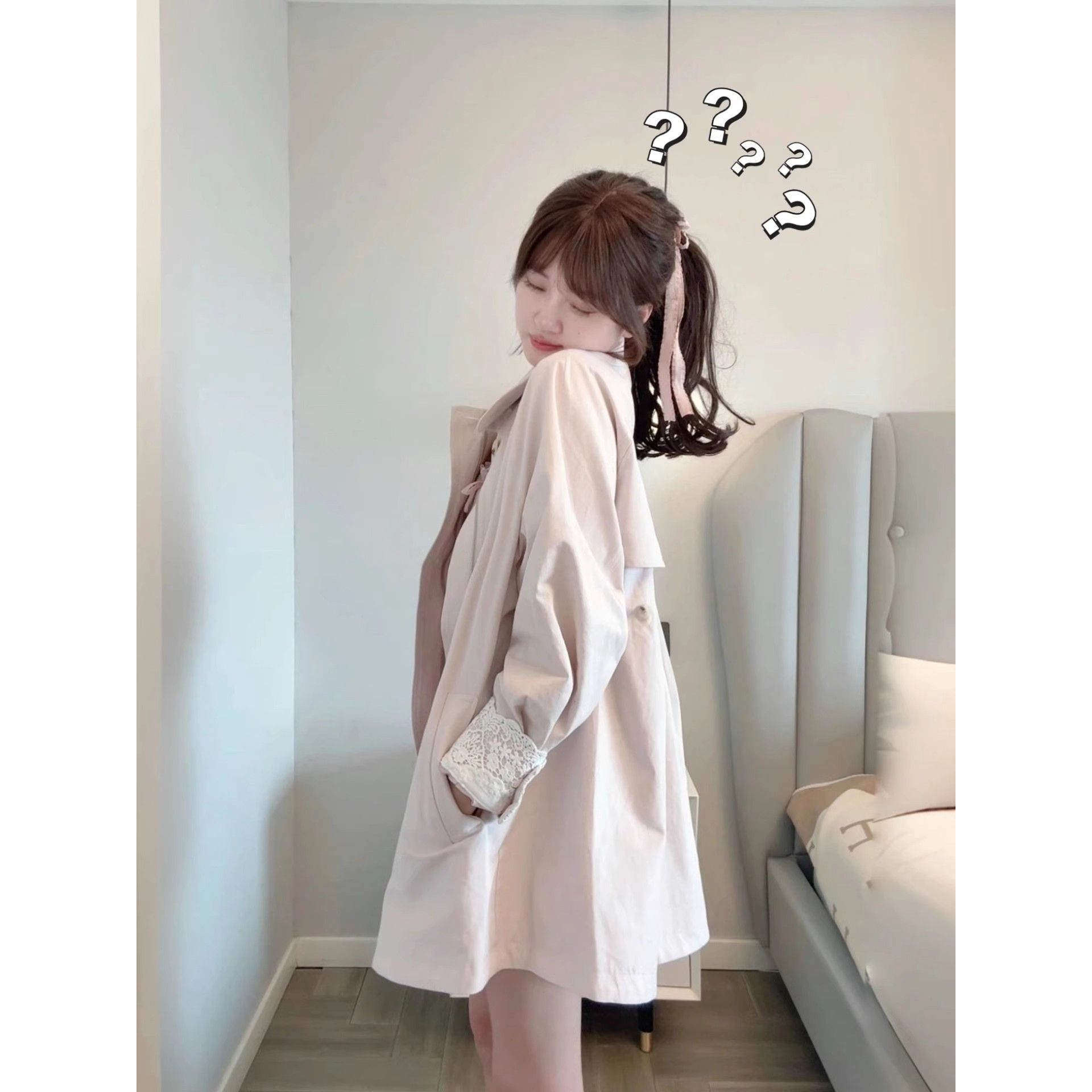 韩系中长款风衣外套女秋季英伦风设计感小众蕾丝拼接斗篷开衫外穿