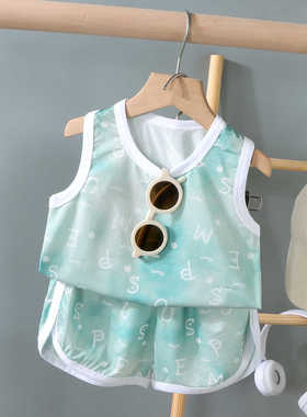 儿童背心套装夏季男女童冰丝短袖短裤两件套休闲网眼速干运动套装